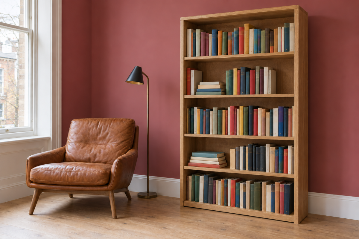 A tall freestanding oak bookcase filled with books against a raspberry-pink wall, beside a cognac leather chair.