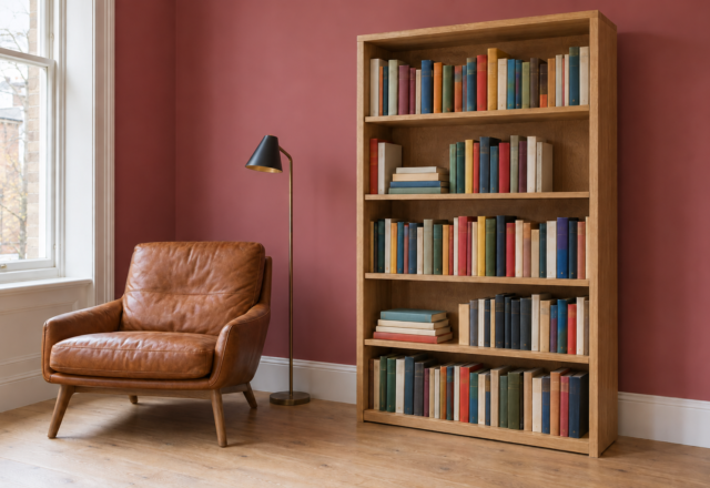 A tall freestanding oak bookcase filled with books against a raspberry-pink wall, beside a cognac leather chair.