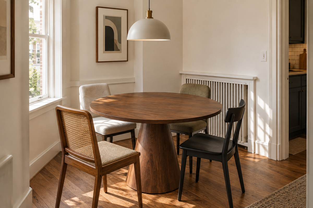 A round walnut pedestal table with mismatched chairs fitted into an off-square corner dining nook.