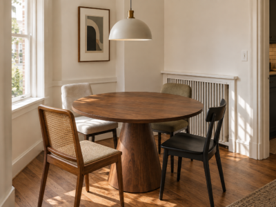 A round walnut pedestal table with mismatched chairs fitted into an off-square corner dining nook.