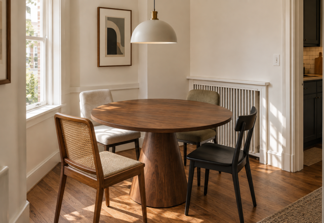 A round walnut pedestal table with mismatched chairs fitted into an off-square corner dining nook.
