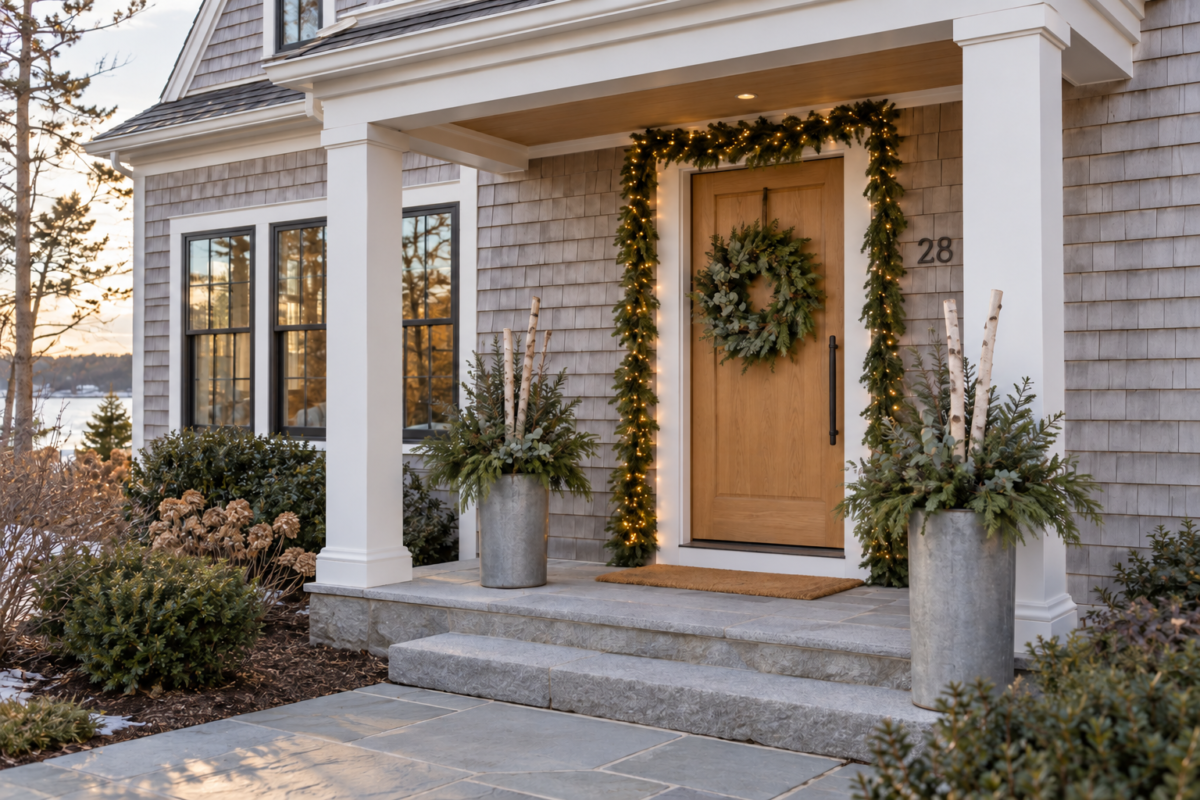 A shingled cottage porch with a wreath and garland on an oak front door and zinc planters filled with evergreens.