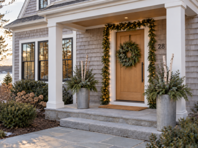A shingled cottage porch with a wreath and garland on an oak front door and zinc planters filled with evergreens.