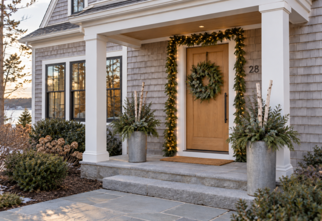 A shingled cottage porch with a wreath and garland on an oak front door and zinc planters filled with evergreens.