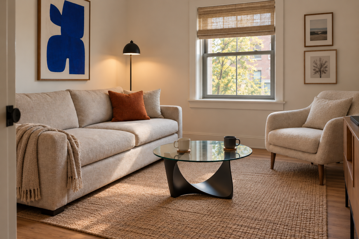 A small living room with a sleek, modern glass-top coffee table and one bold color accent, with clear walking space around the seating area.