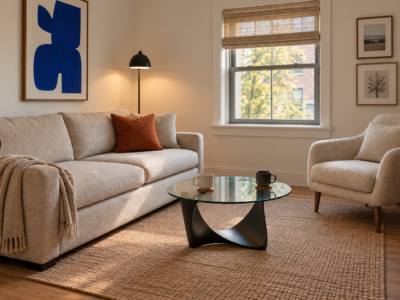 A small living room with a sleek, modern glass-top coffee table and one bold color accent, with clear walking space around the seating area.