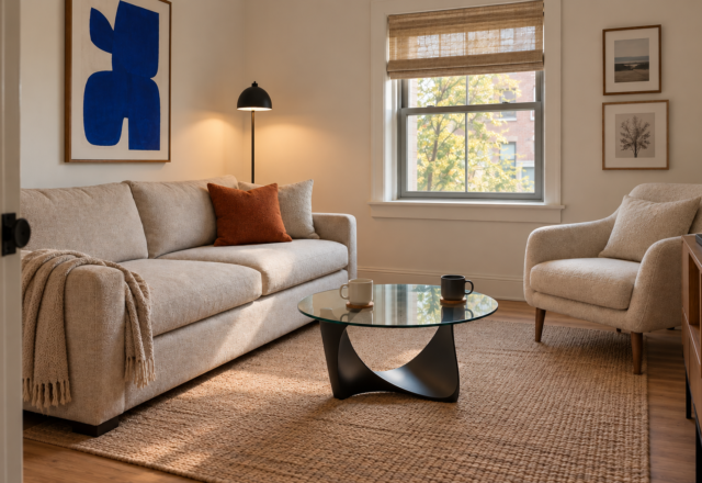 A small living room with a sleek, modern glass-top coffee table and one bold color accent, with clear walking space around the seating area.