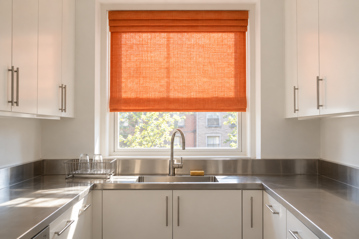 A tangerine linen roman shade glowing with daylight over the stainless sink of a white kitchen.