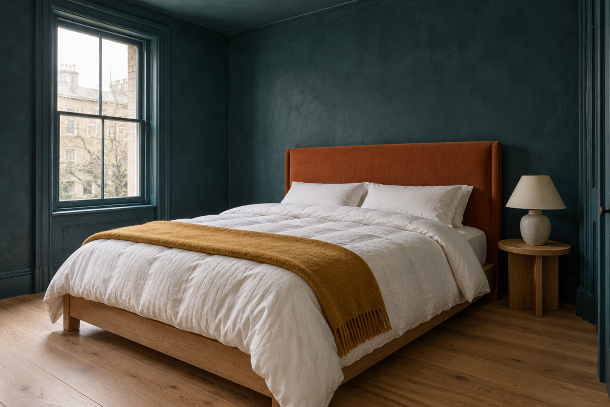 A queen bed with a lofted white comforter and an ochre throw, against deep teal walls and a rust linen headboard.