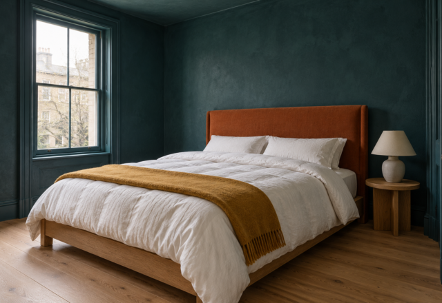 A queen bed with a lofted white comforter and an ochre throw, against deep teal walls and a rust linen headboard.