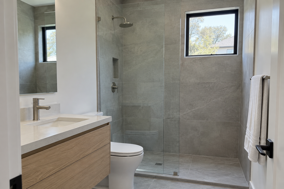 A small bathroom with a frameless walk-in shower, large-format tile, and a floating white oak vanity.