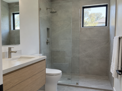 A small bathroom with a frameless walk-in shower, large-format tile, and a floating white oak vanity.
