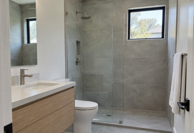 A small bathroom with a frameless walk-in shower, large-format tile, and a floating white oak vanity.