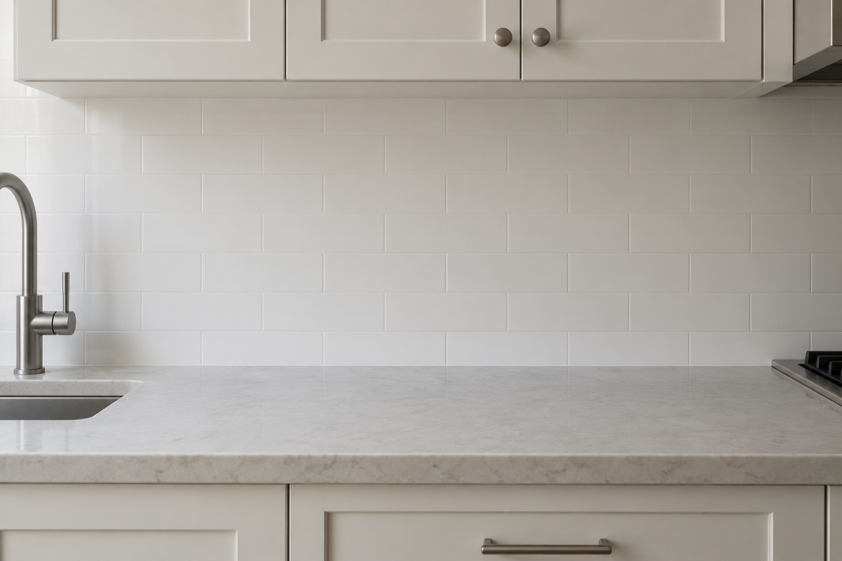 White subway tile with white grout, the grout lines nearly disappearing into the tile.