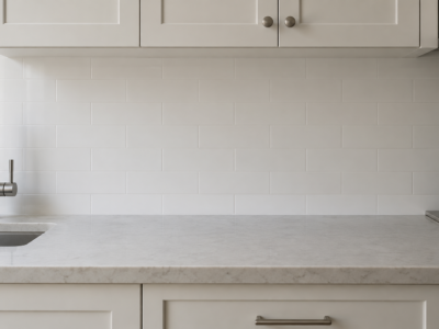White subway tile with white grout, the grout lines nearly disappearing into the tile.