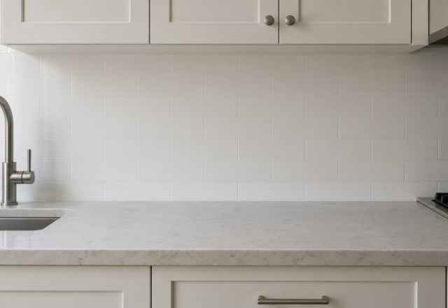 White subway tile with white grout, the grout lines nearly disappearing into the tile.
