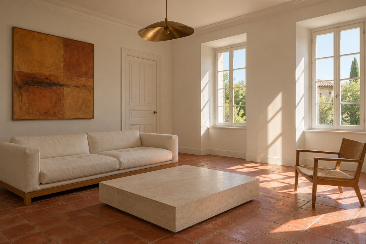 A white-painted sitting room with a terracotta tile floor, a white linen sofa, and sun on the walls.