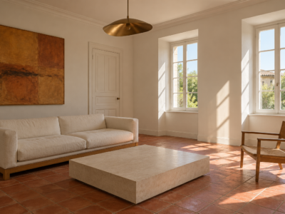 A white-painted sitting room with a terracotta tile floor, a white linen sofa, and sun on the walls.