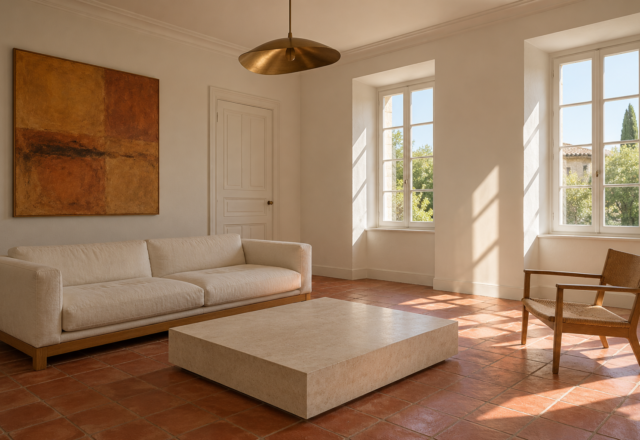 A white-painted sitting room with a terracotta tile floor, a white linen sofa, and sun on the walls.