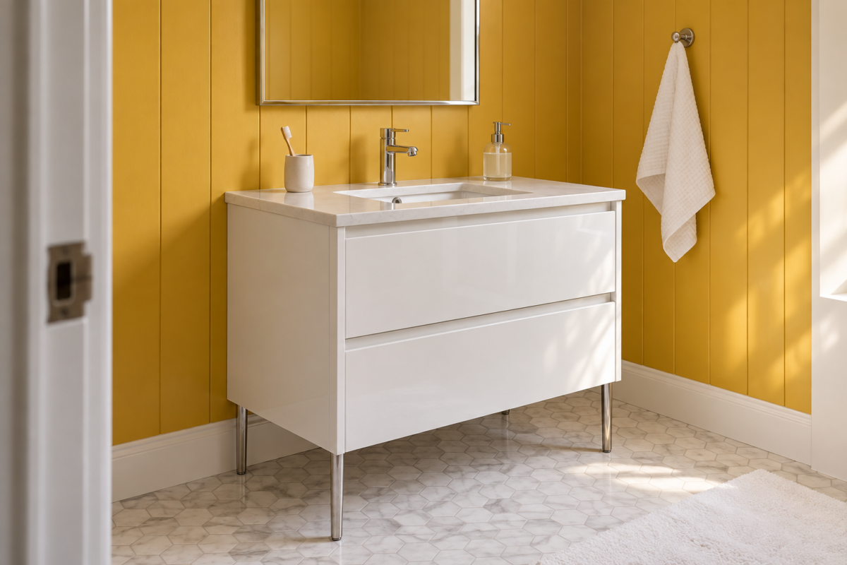 A freestanding white lacquer bathroom vanity on slim nickel legs against saffron-yellow painted paneling.