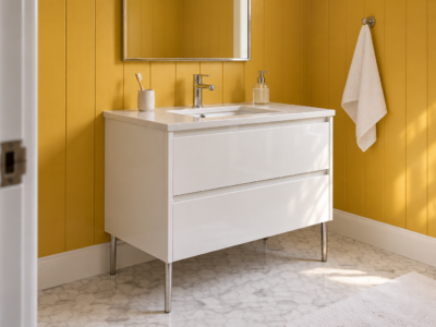 A freestanding white lacquer bathroom vanity on slim nickel legs against saffron-yellow painted paneling.