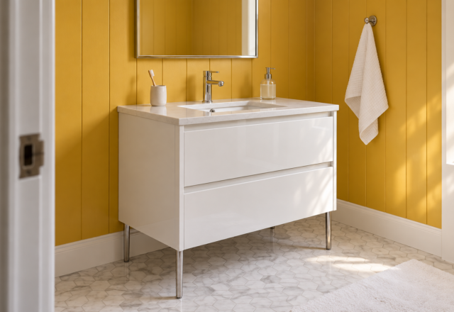 A freestanding white lacquer bathroom vanity on slim nickel legs against saffron-yellow painted paneling.