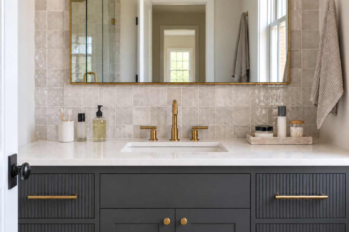 A bathroom vanity counter split into a small daily-use zone and a contained occasional-use tray, brass hardware against graphite cabinetry.
