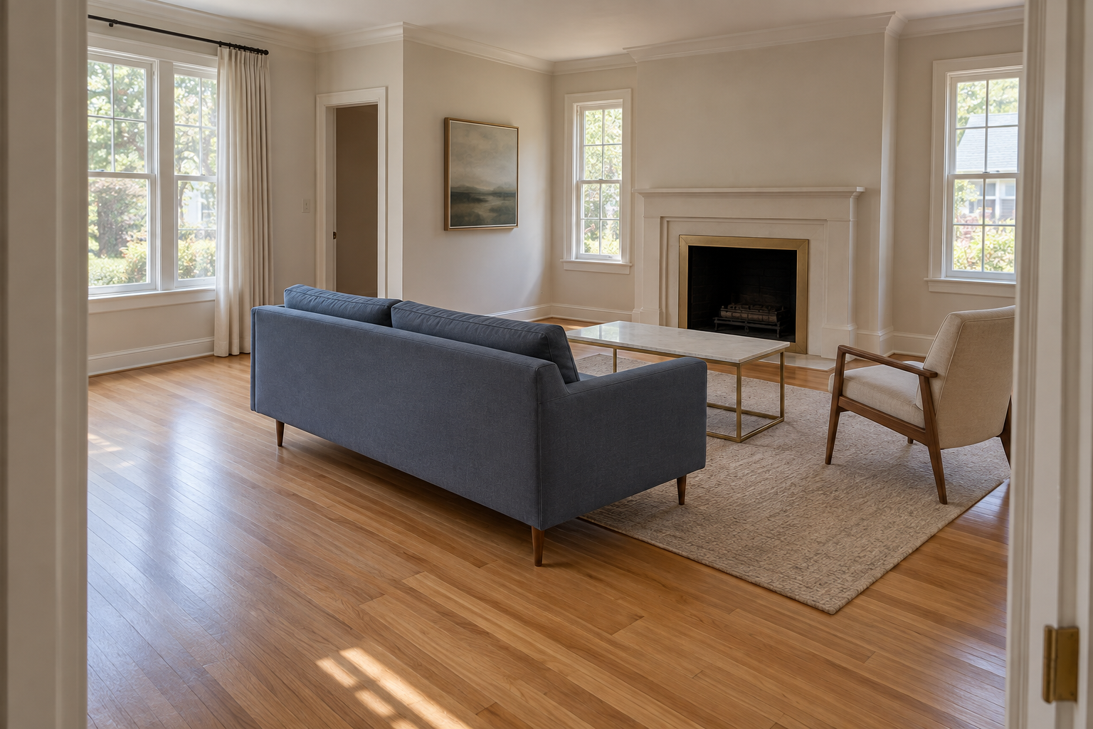 A living room sofa and chair floated off the back wall, arranged to face the fireplace with open floor behind them.