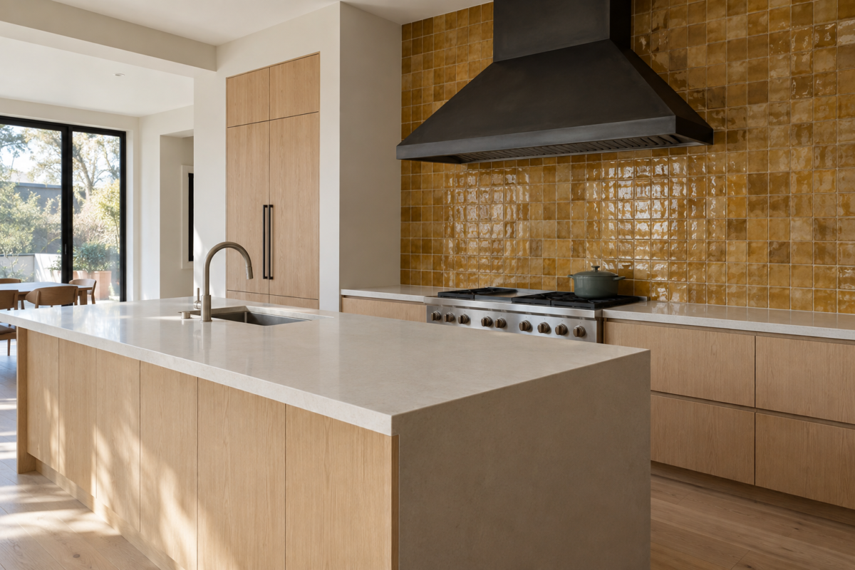 A kitchen range wall with ochre-glazed tile running from the counter to the underside of a slim black steel range hood.