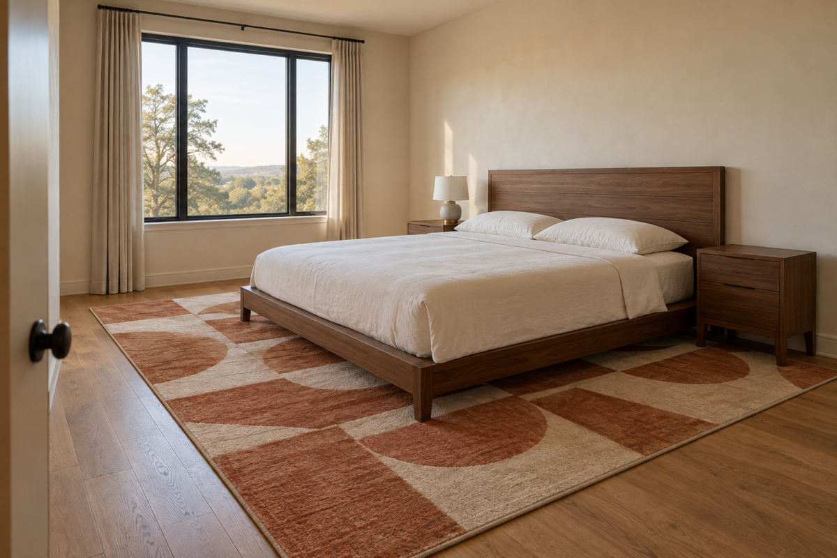 A primary bedroom with a terracotta-and-cream geometric wool rug running fully under a walnut platform bed and both nightstands.