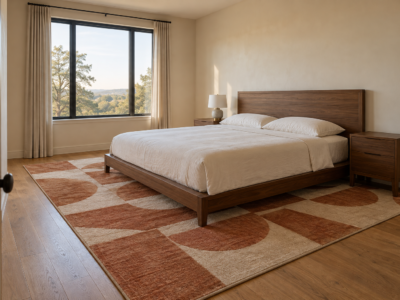A primary bedroom with a terracotta-and-cream geometric wool rug running fully under a walnut platform bed and both nightstands.