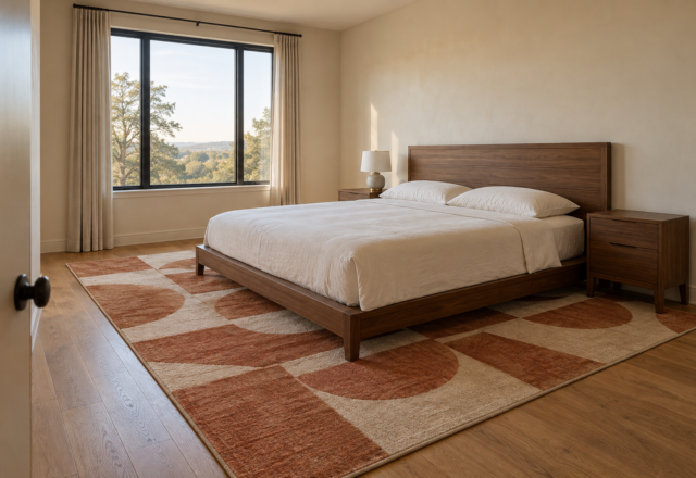 A primary bedroom with a terracotta-and-cream geometric wool rug running fully under a walnut platform bed and both nightstands.