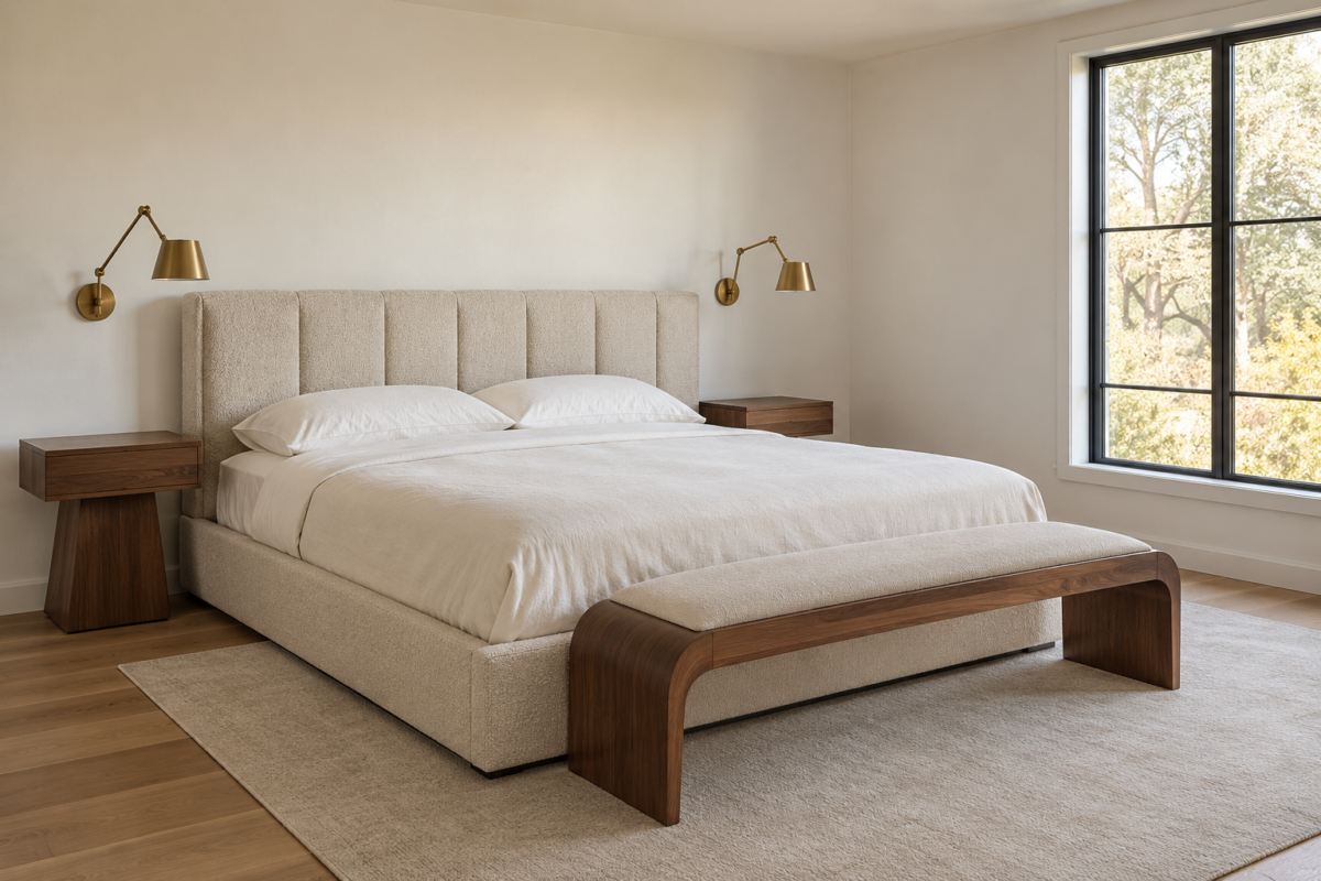 A primary bedroom with a paneled boucle headboard, brass wall sconces, and a curved wood bench at the foot of a low platform bed, morning light from a black-framed window.