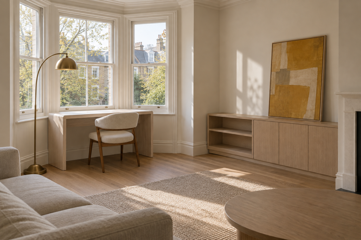 A writing desk built into a living room bay window, with a boucle task chair and a sculptural brass floor lamp, morning light.