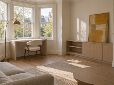 A writing desk built into a living room bay window, with a boucle task chair and a sculptural brass floor lamp, morning light.