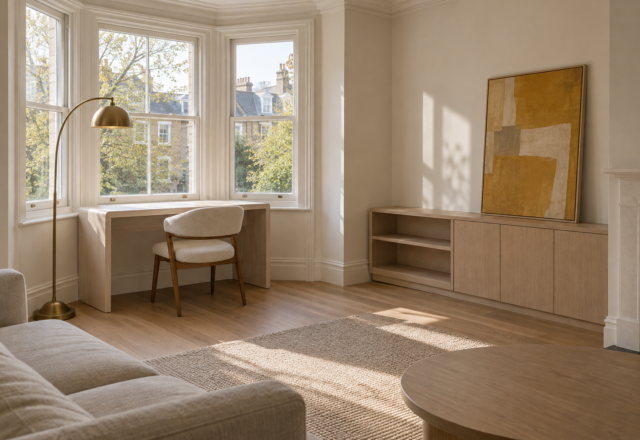 A writing desk built into a living room bay window, with a boucle task chair and a sculptural brass floor lamp, morning light.