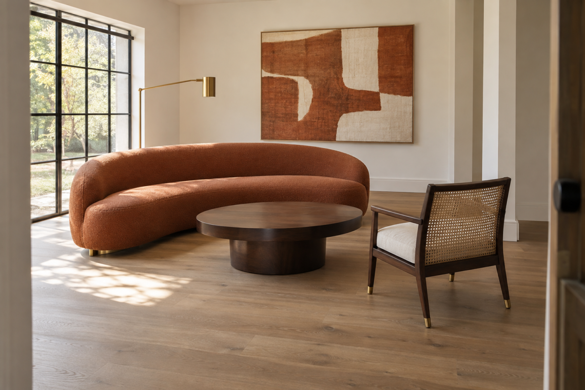 A living room pairing a curved terracotta sofa with a traditional cane-back accent chair, connected by a shared brass lamp finish, beneath a rust-toned abstract textile hanging.