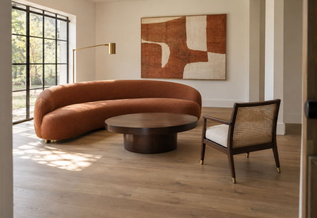 A living room pairing a curved terracotta sofa with a traditional cane-back accent chair, connected by a shared brass lamp finish, beneath a rust-toned abstract textile hanging.