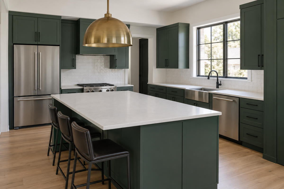 A contemporary kitchen with deep green slab cabinetry, a sculptural brass pendant light over the island, matte black cabinet hardware, and a brushed stainless sink.
