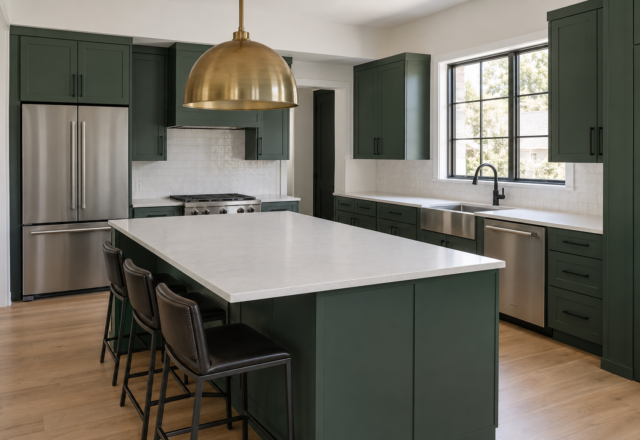A contemporary kitchen with deep green slab cabinetry, a sculptural brass pendant light over the island, matte black cabinet hardware, and a brushed stainless sink.