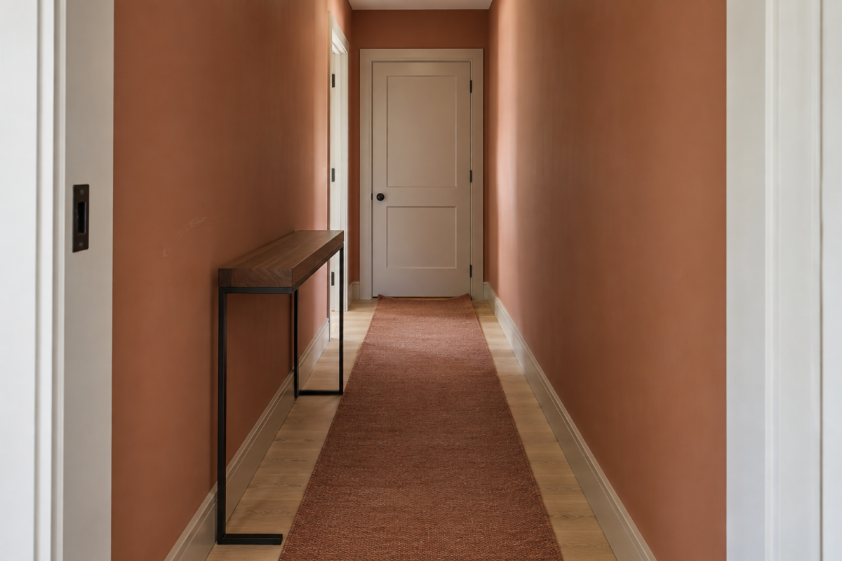 A narrow residential entry hallway with a black steel and walnut console table against a terracotta-clay wall, seen from the threshold.