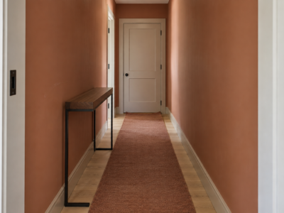 A narrow residential entry hallway with a black steel and walnut console table against a terracotta-clay wall, seen from the threshold.