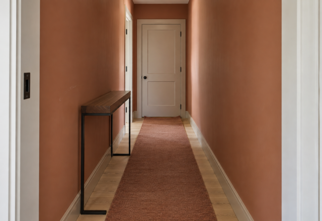 A narrow residential entry hallway with a black steel and walnut console table against a terracotta-clay wall, seen from the threshold.