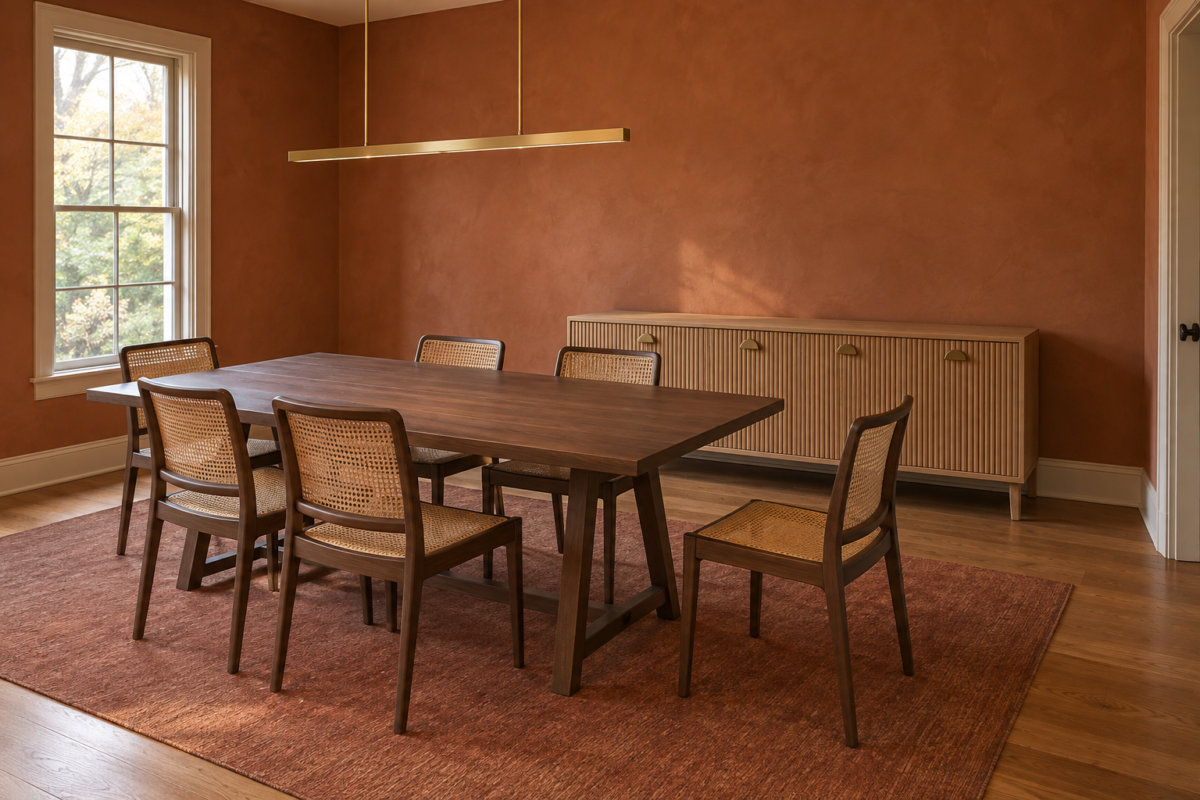 A dining room with a light oak fluted sideboard against a terracotta wall, its length read against a walnut trestle-base dining table in the same frame.