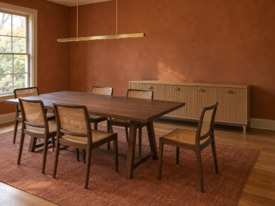 A dining room with a light oak fluted sideboard against a terracotta wall, its length read against a walnut trestle-base dining table in the same frame.