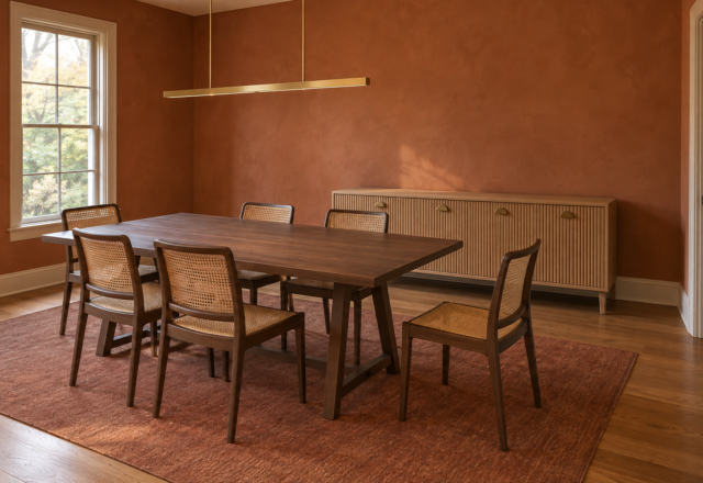 A dining room with a light oak fluted sideboard against a terracotta wall, its length read against a walnut trestle-base dining table in the same frame.