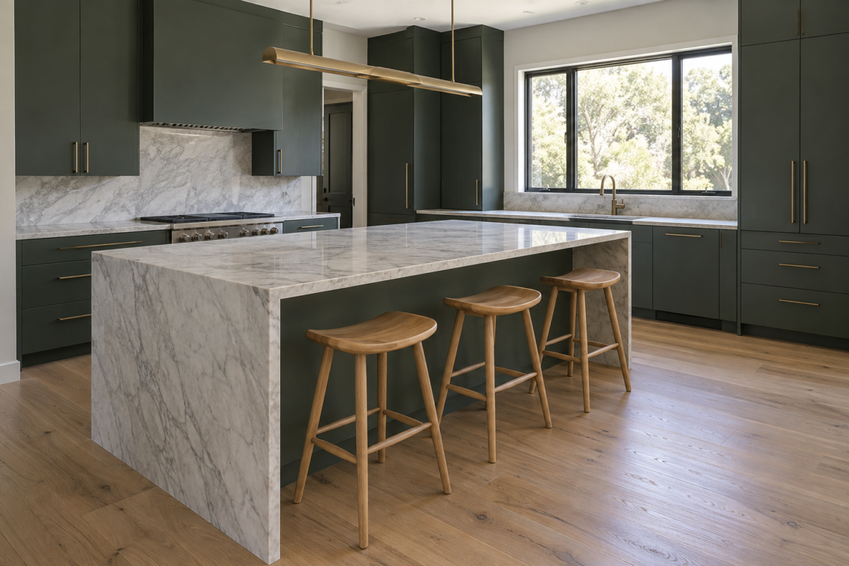 A kitchen island with a pale stone waterfall counter and three white oak saddle-seat stools sitting at a comfortable counter-height under a brass pendant.