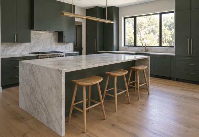 A kitchen island with a pale stone waterfall counter and three white oak saddle-seat stools sitting at a comfortable counter-height under a brass pendant.