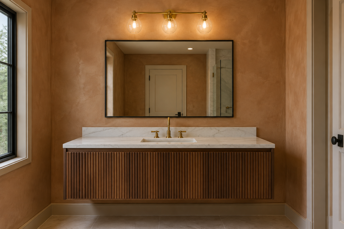 A bathroom vanity with a linear brass bar light mounted above a mirror, a clear gap of wall visible between the mirror and the fixture, against a warm clay-plaster wall.