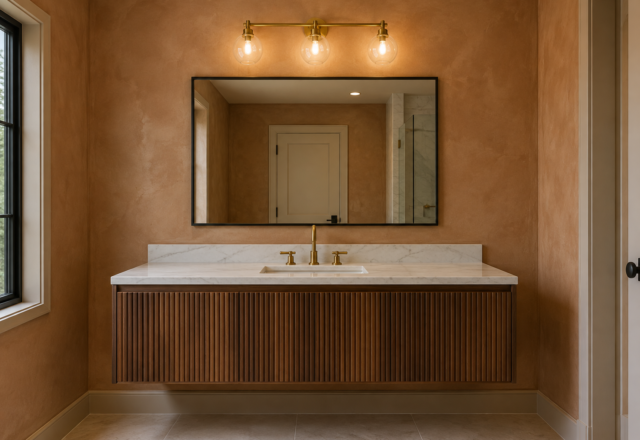 A bathroom vanity with a linear brass bar light mounted above a mirror, a clear gap of wall visible between the mirror and the fixture, against a warm clay-plaster wall.